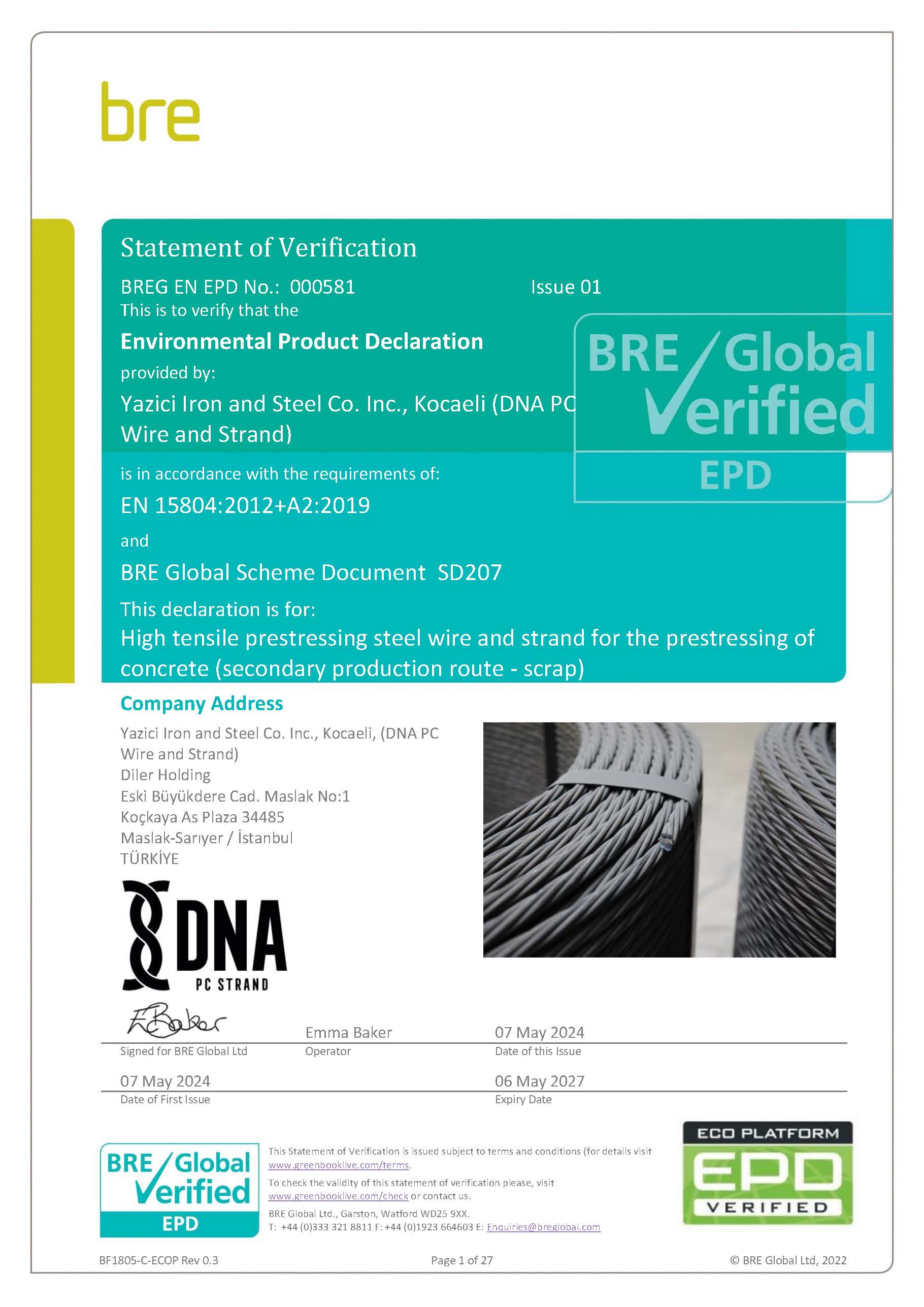 Yazici Iron and Steel Co. Inc., Kocaeli (DNA PC Wire and Strand) EPD